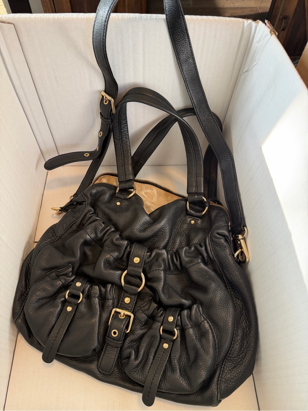 Michael Kors Black Leather Ruched Bucket Shoulder Bag